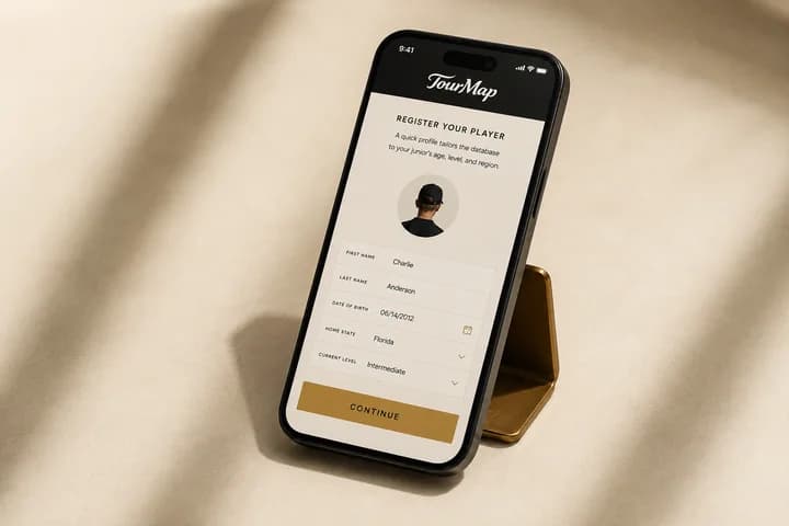 A phone showing the TourMap player registration form