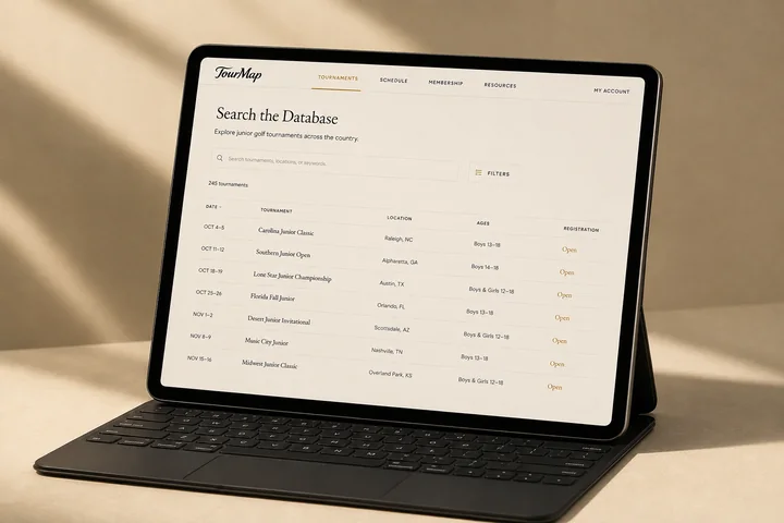 A tablet showing the TourMap tournament database, filtered and sorted by date