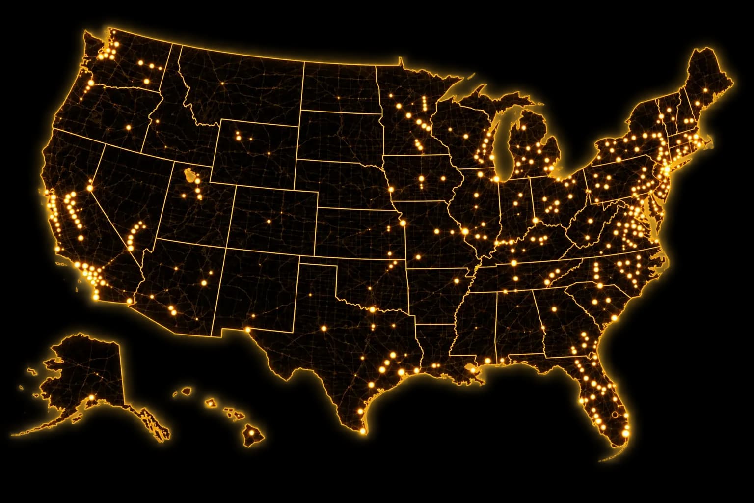 Map of the United States with every junior golf tournament location TourMap indexes marked in gold